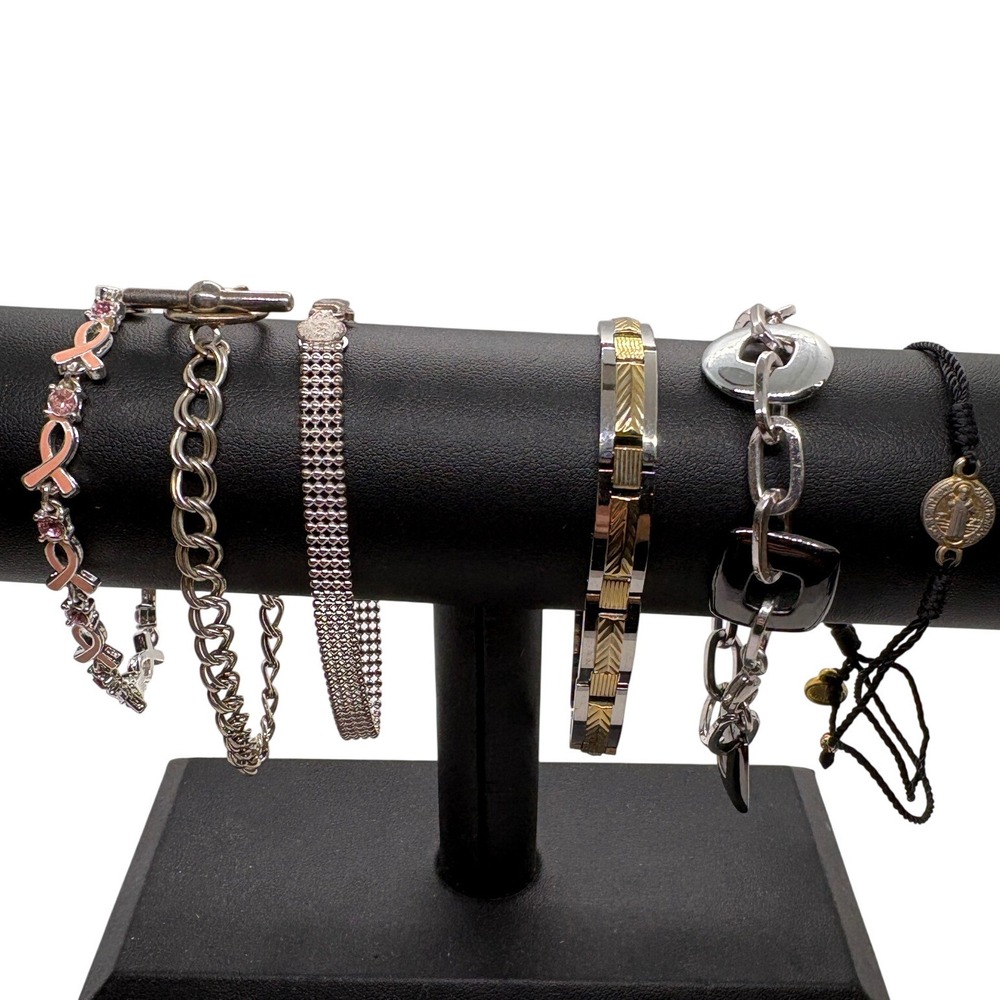 Vintage Bracelet Lot‎ 6pc Avon Breast Cancer Ribbon Silver Tone Beaded Religious